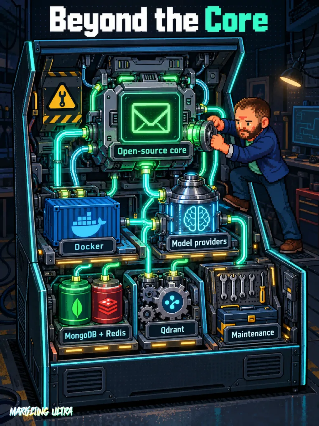 Mascot connects an opened inbox to Docker, models, data, Qdrant, and maintenance.