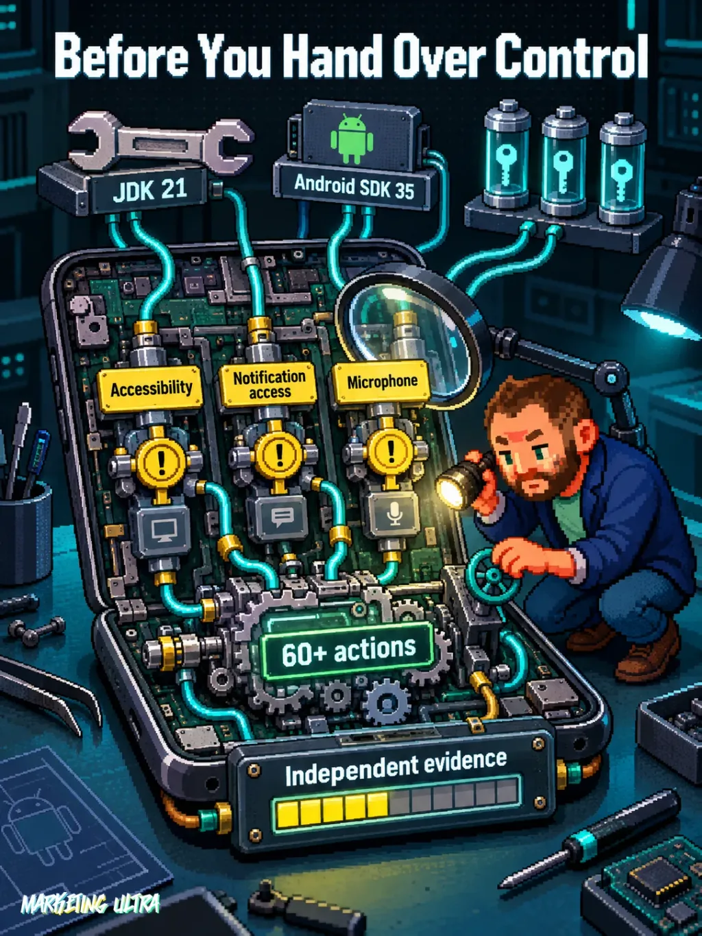 Mascot inspects an opened phone with sensitive permissions, build requirements, and incomplete independent evidence.