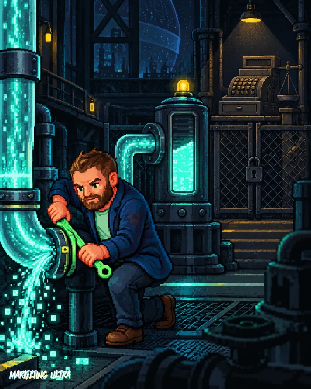 The mascot calibrates a signal machine; its gauge glows while a background vault stays locked.
