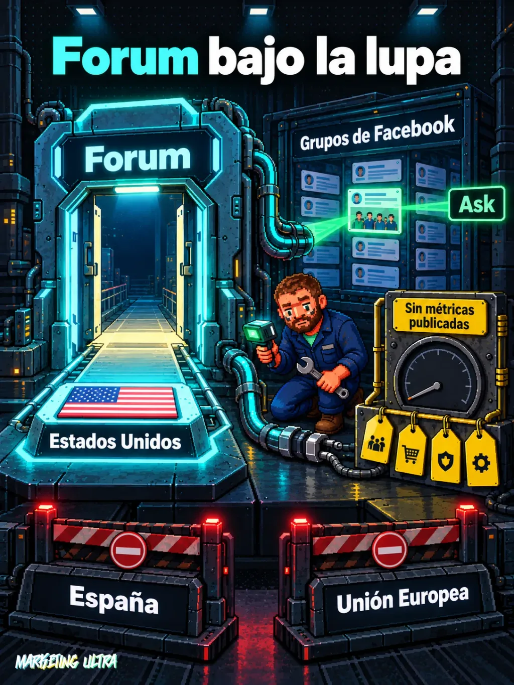 Mascota inspecciona la puerta Forum conectada a grupos de Facebook; solo EE. UU. está abierto y faltan métricas.