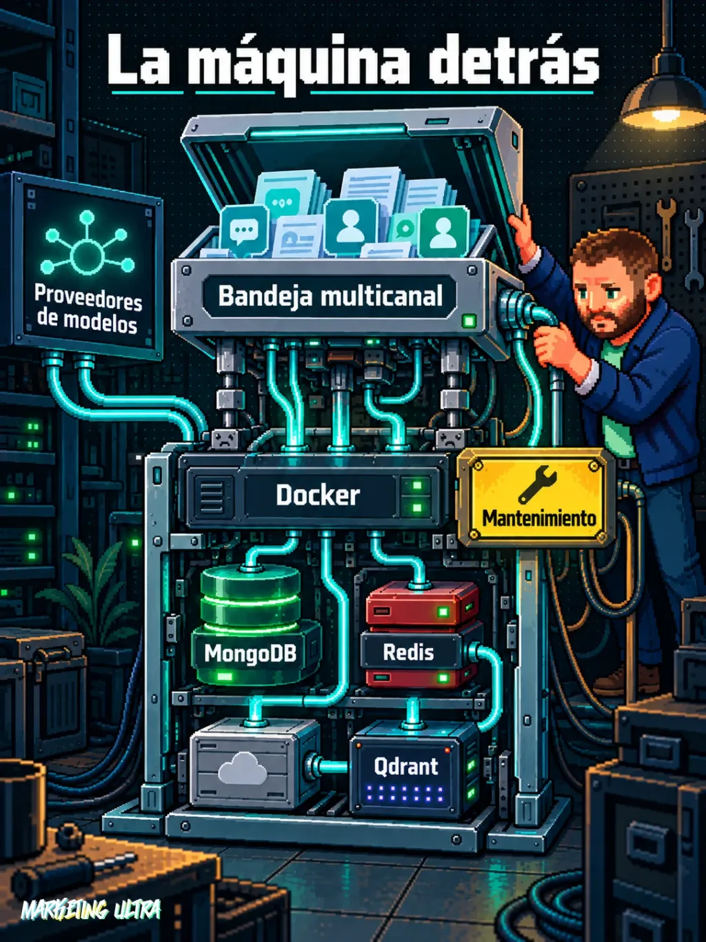 Mascota ajusta la infraestructura expuesta bajo una bandeja de soporte autohospedada con Docker, MongoDB, Redis y Qdrant.