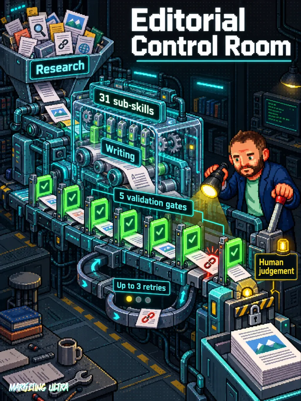 Mascot inspects an editorial machine with 31 modules, five checks and final human approval.