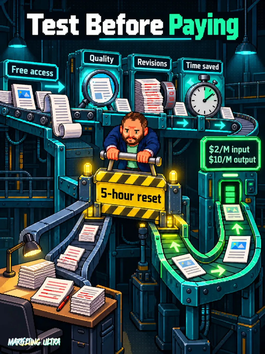 The mascot operates a testing machine that splits marketing work between more editing or paying after reaching a limit.