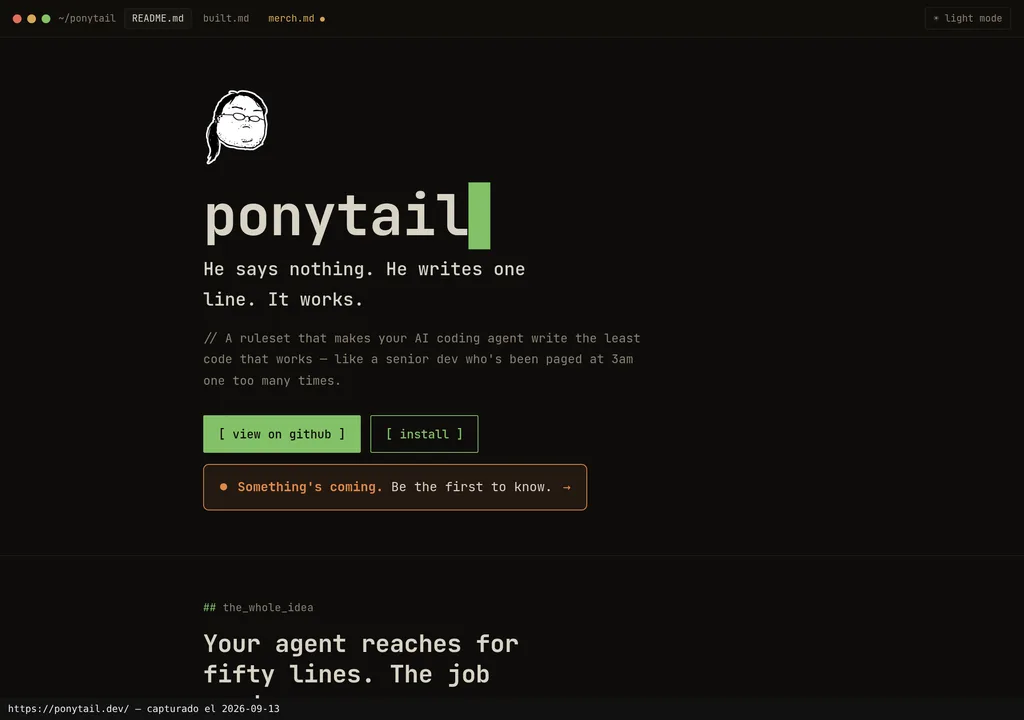 Official Ponytail page showing its mascot and promise to write the least code that works