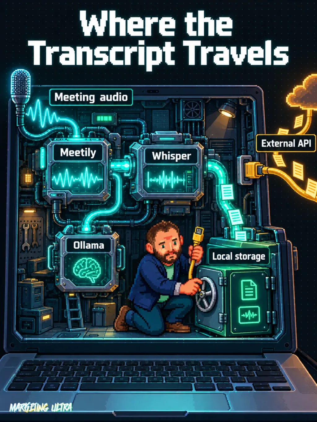 Mascot checks a route inside a laptop: local audio, transcription and storage, with an optional API cable leading outside.
