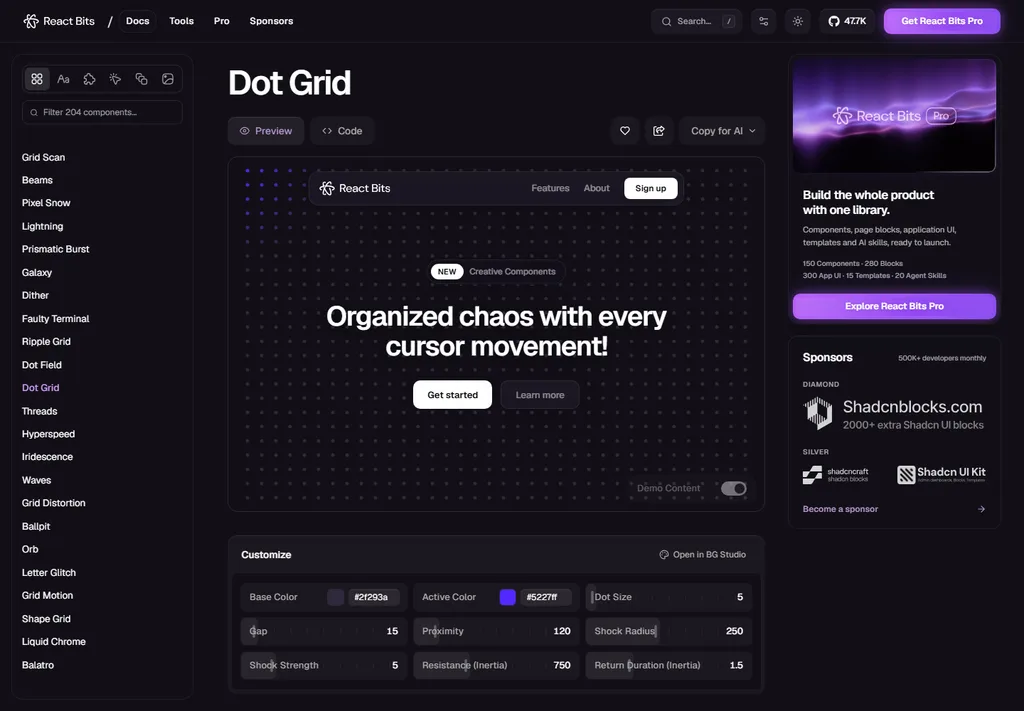 Ficha oficial de DotGrid con una cabecera real, controles de personalización y acceso al código