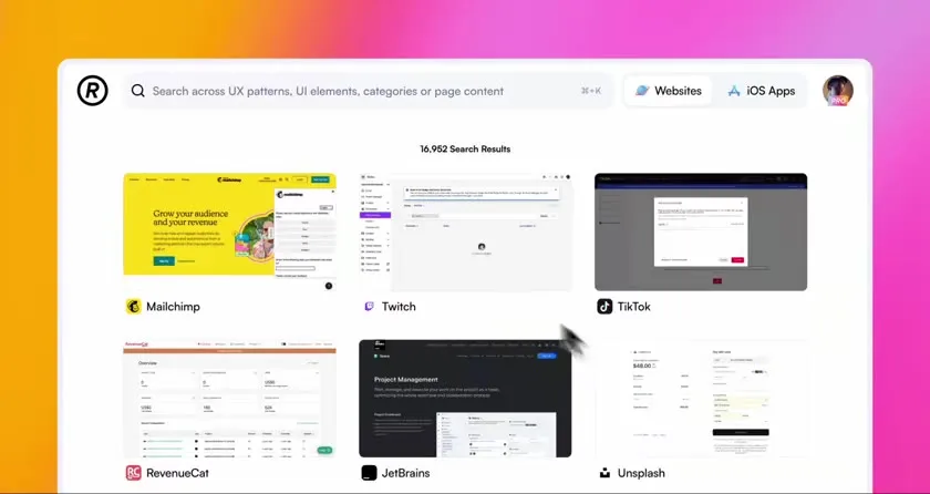 Resultados de búsqueda en una secuencia visual publicada por Refero, con capturas de Mailchimp, Twitch y otros productos