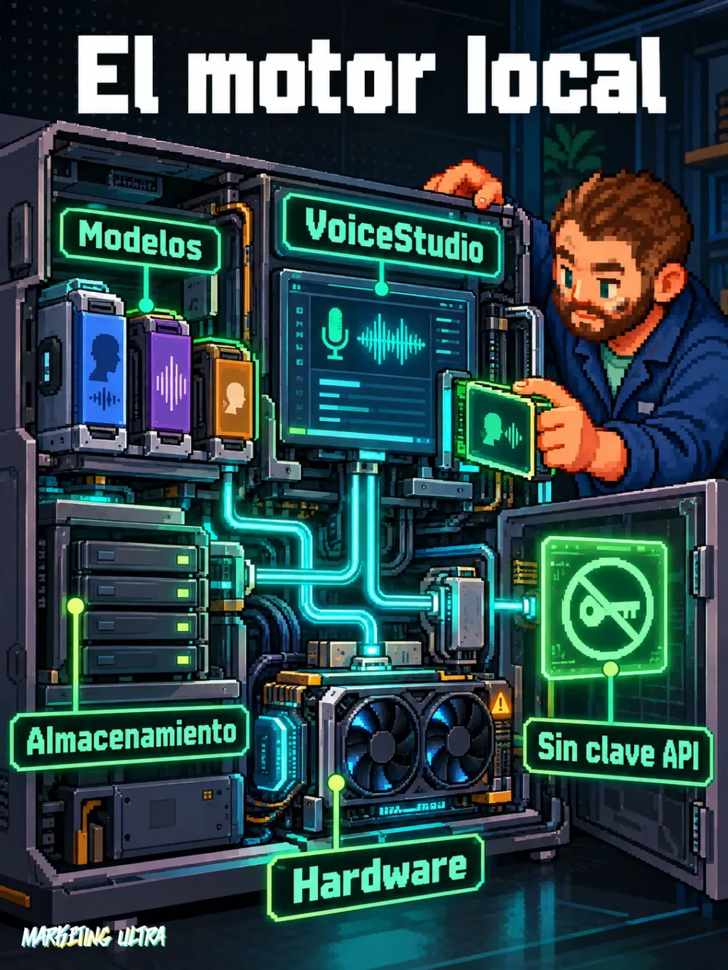 Mascota instala modelos en una máquina abierta que conecta VoiceStudio, almacenamiento y hardware local.