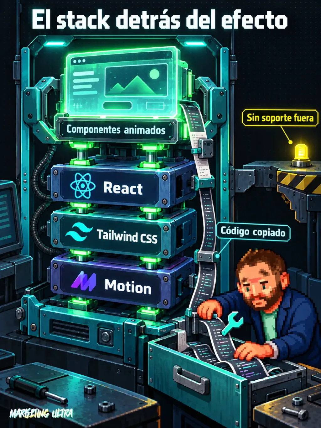 Mascota ajusta una máquina por capas: componentes animados sobre React, Tailwind CSS y Motion, con código copiado para mantener.