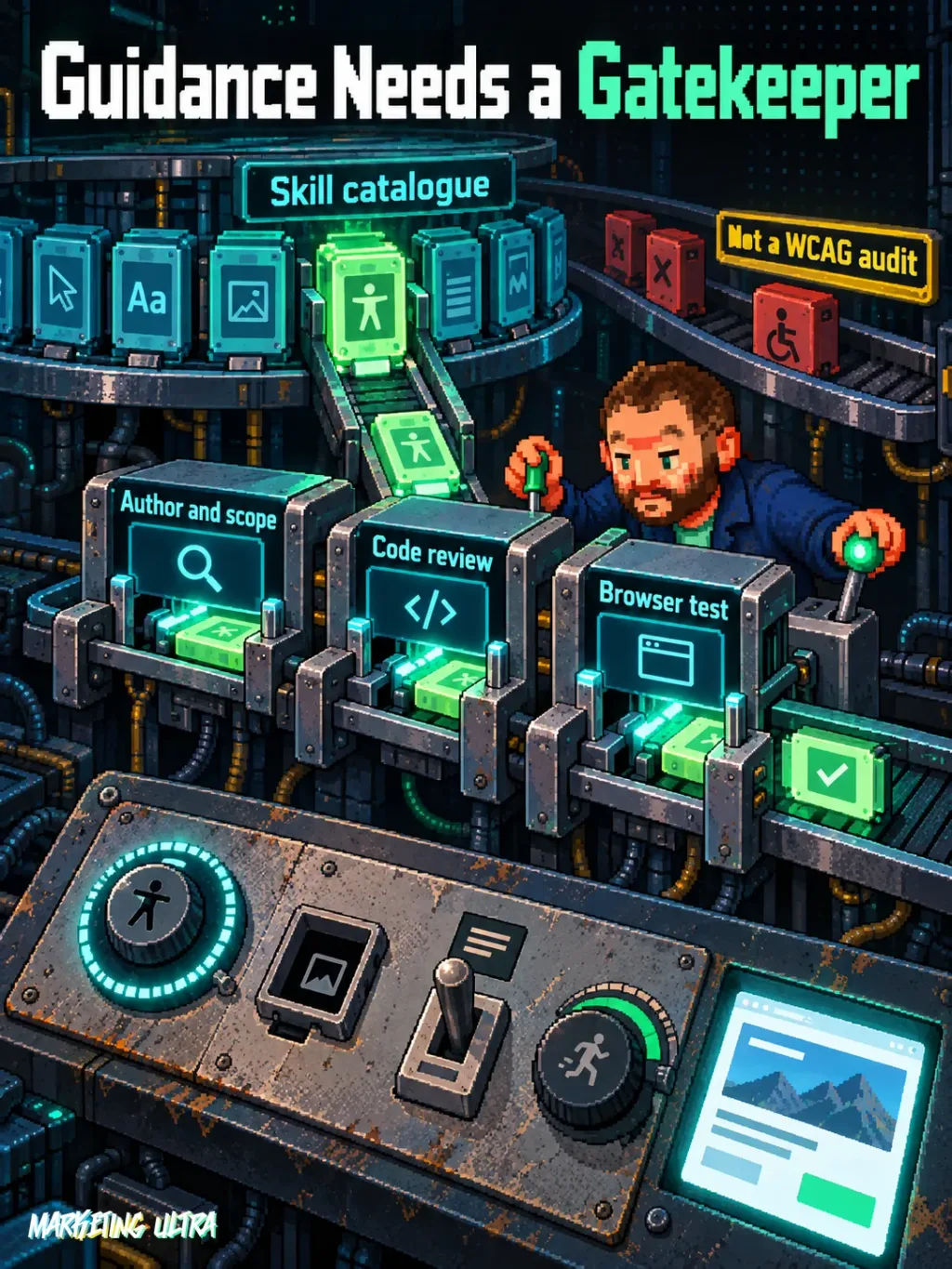 A mascot reviews one catalogue skill in a testing machine before repairing interface controls.