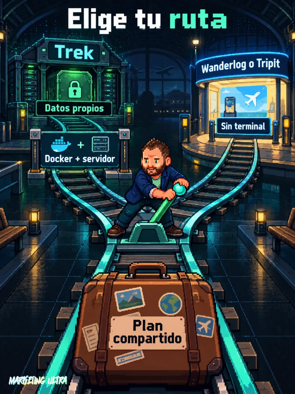Una mascota acciona un desvío: Trek exige Docker y servidor para controlar datos; la ruta SaaS evita la terminal.