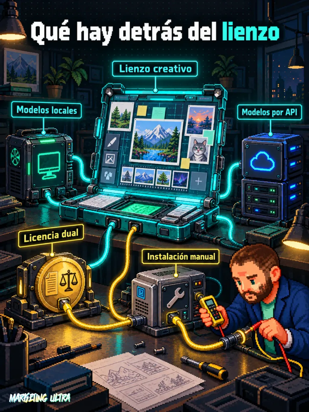 Mascota inspecciona un lienzo abierto de Jaaz conectado a modelos por API, modelos locales, instalación y licencia.