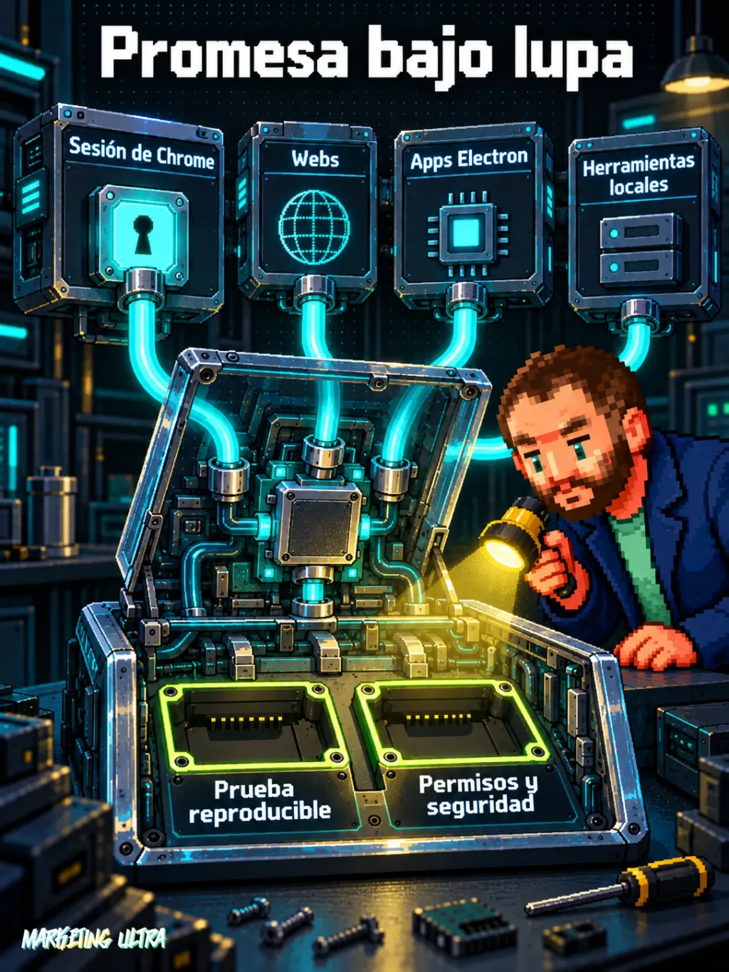 La mascota inspecciona una consola abierta que conecta Chrome, webs, apps Electron y herramientas locales, con pruebas pendientes.