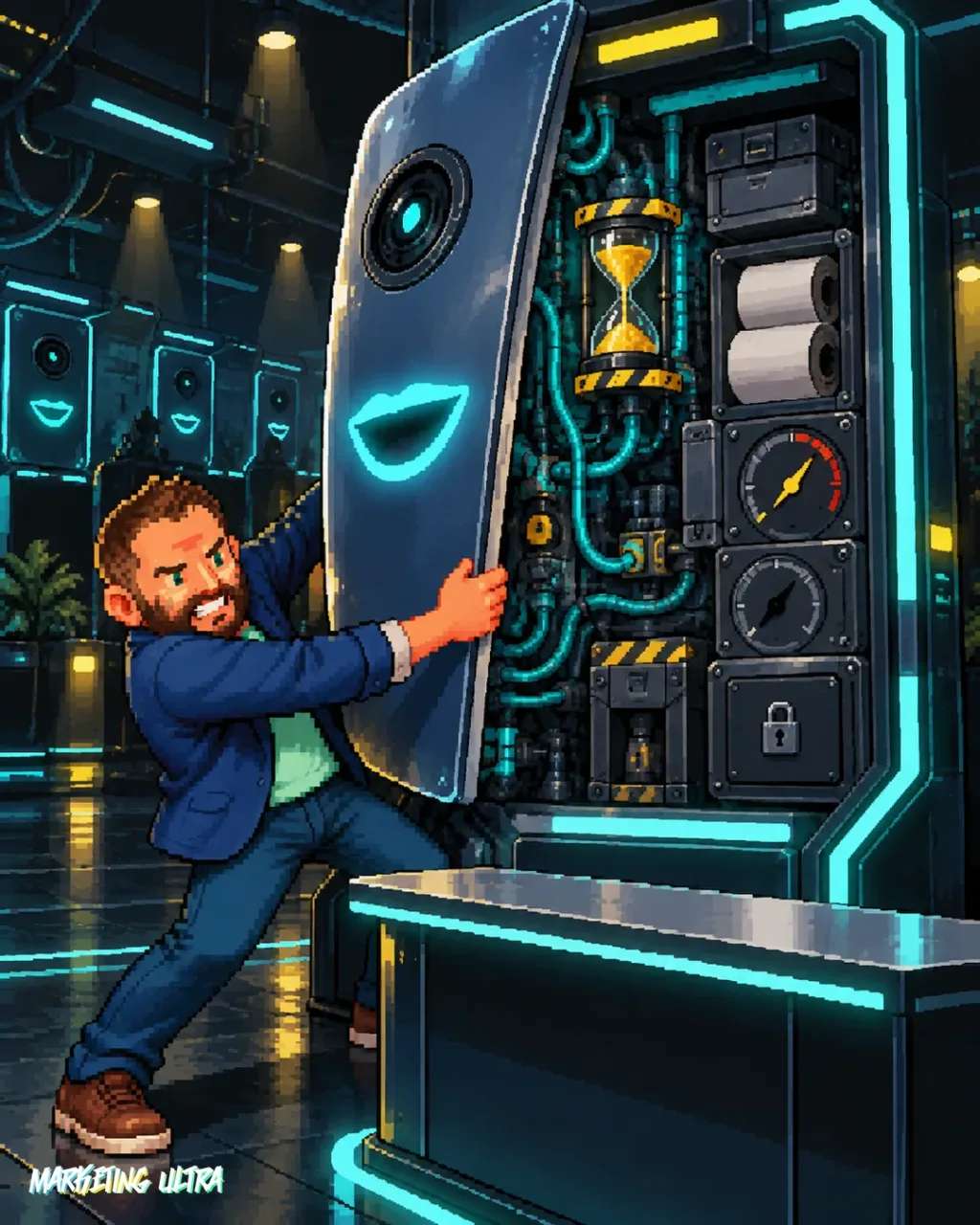 La mascota abre un quiosco-avatar brillante y revela un temporizador corto y mecanismos comerciales inaccesibles.