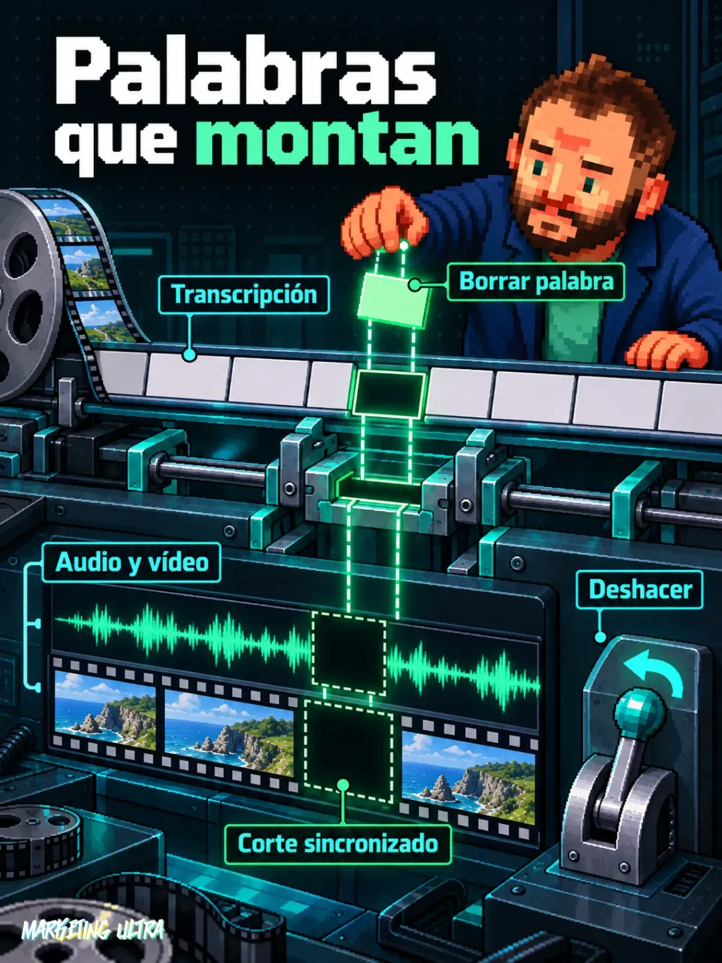 Mascota retira una palabra de una transcripción conectada al corte correspondiente de audio y vídeo.