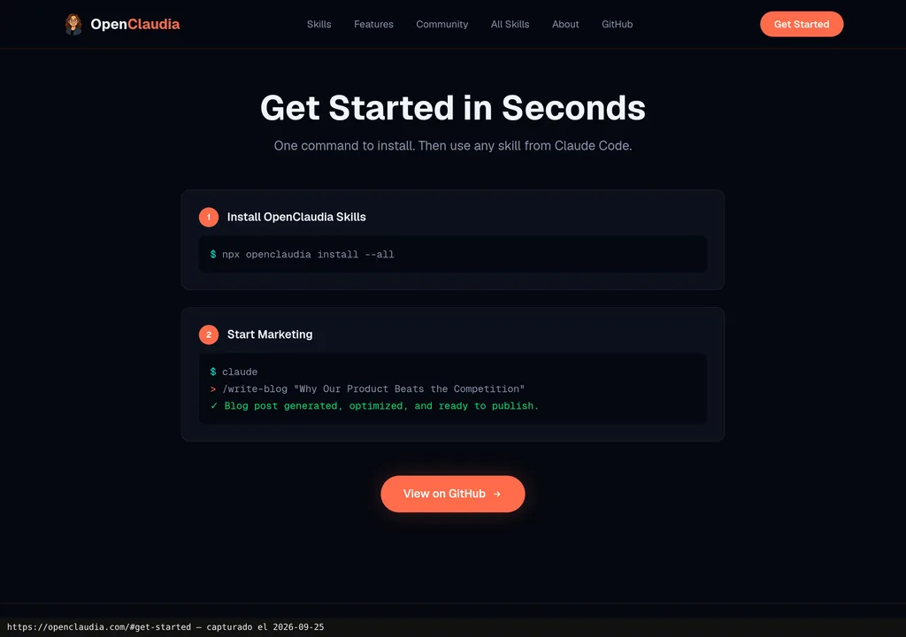 Sección Get started de la web oficial de OpenClaudia