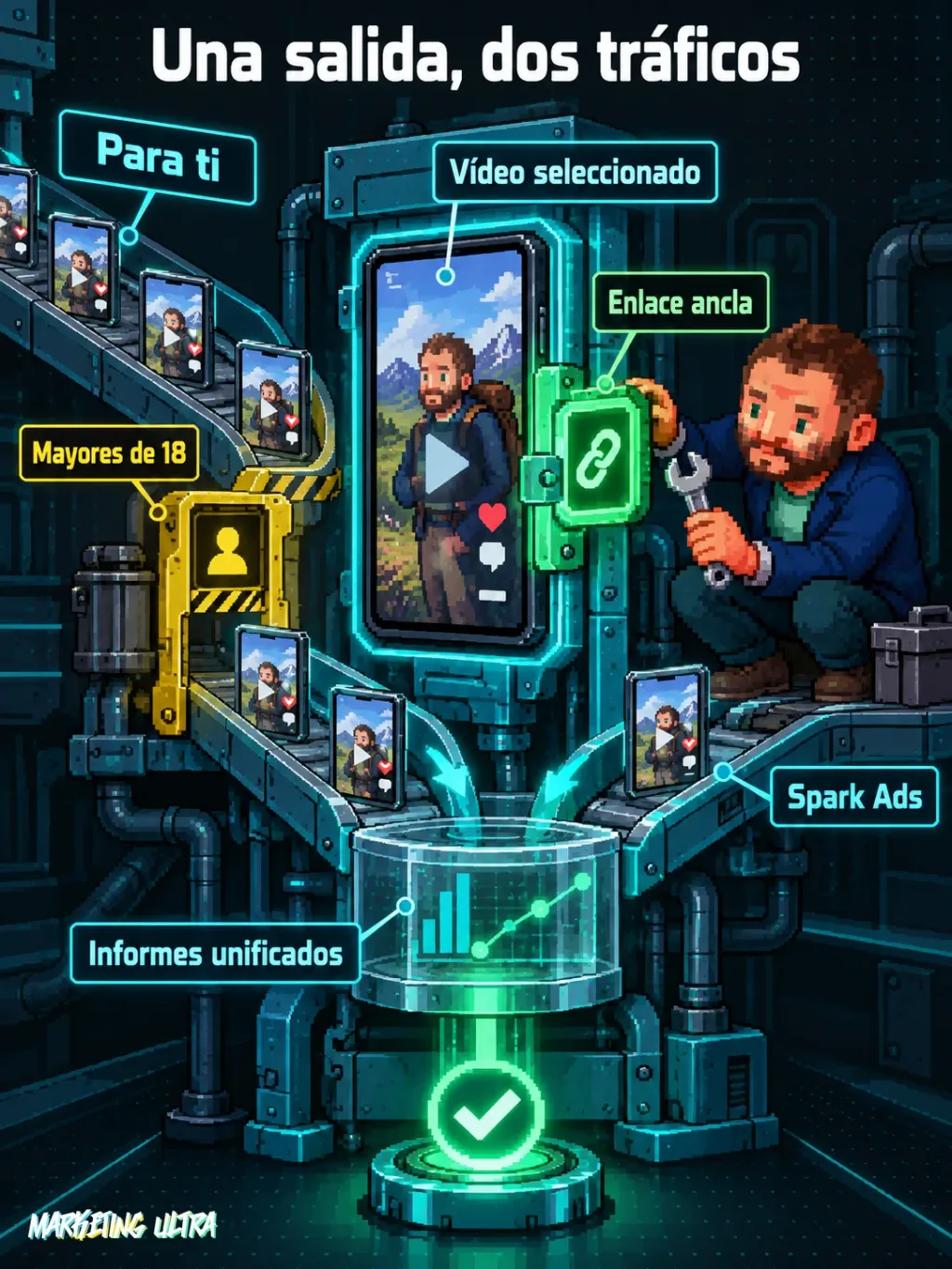 Mascota ajusta un enlace ancla en un vídeo que conecta tráfico orgánico y Spark Ads con medición conjunta.