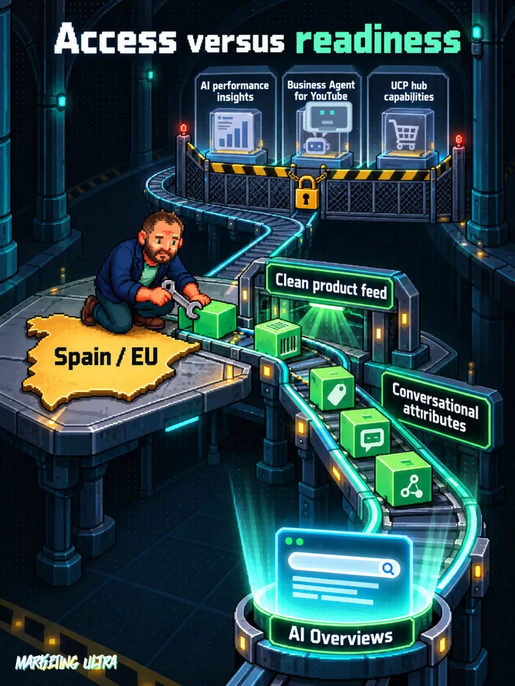 The mascot separates features blocked in Spain from an open route to prepare product data and AI visibility.