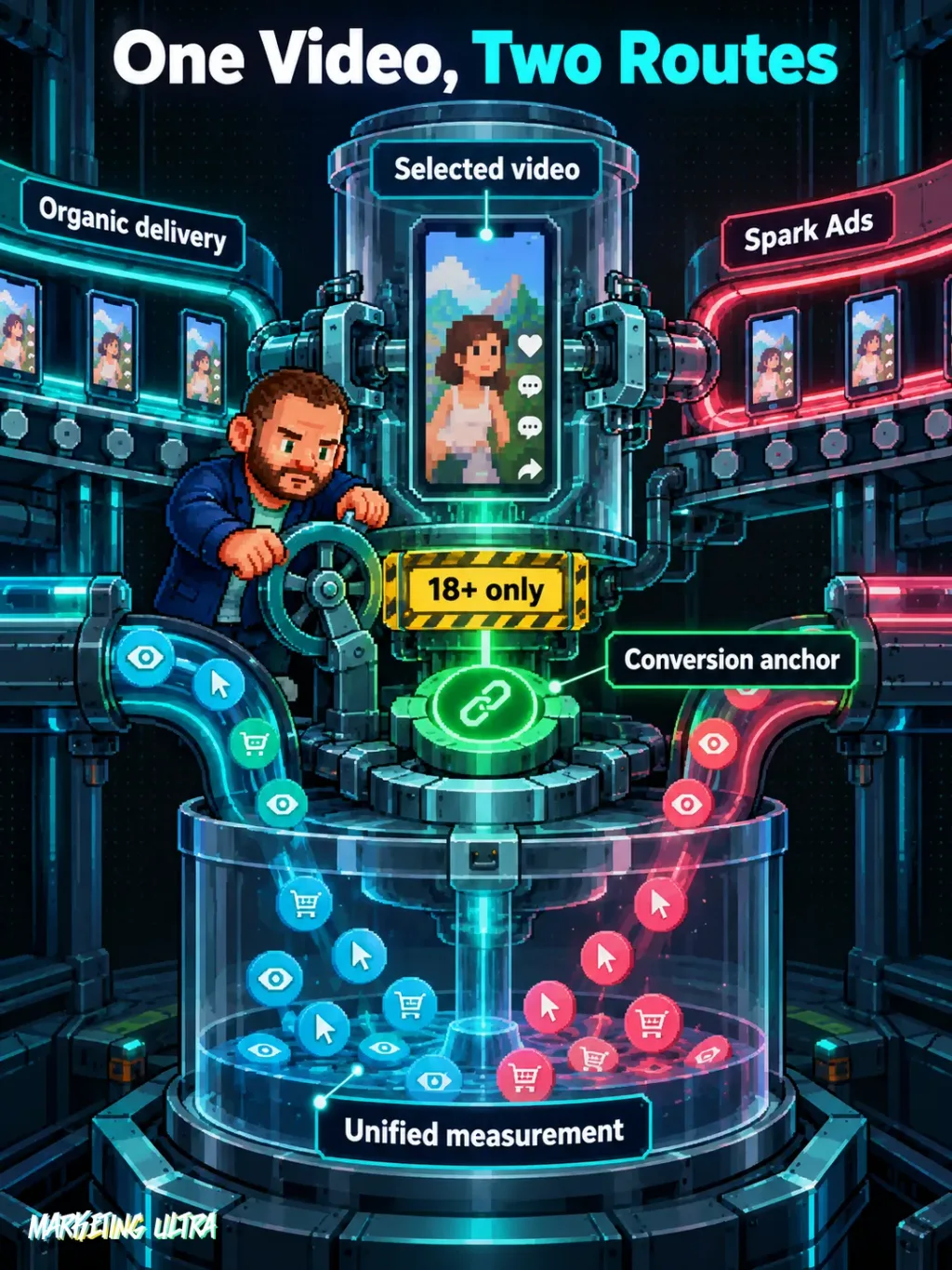 Mascot connects one selected video to organic and Spark Ads routes feeding unified measurement through an 18+ anchor.