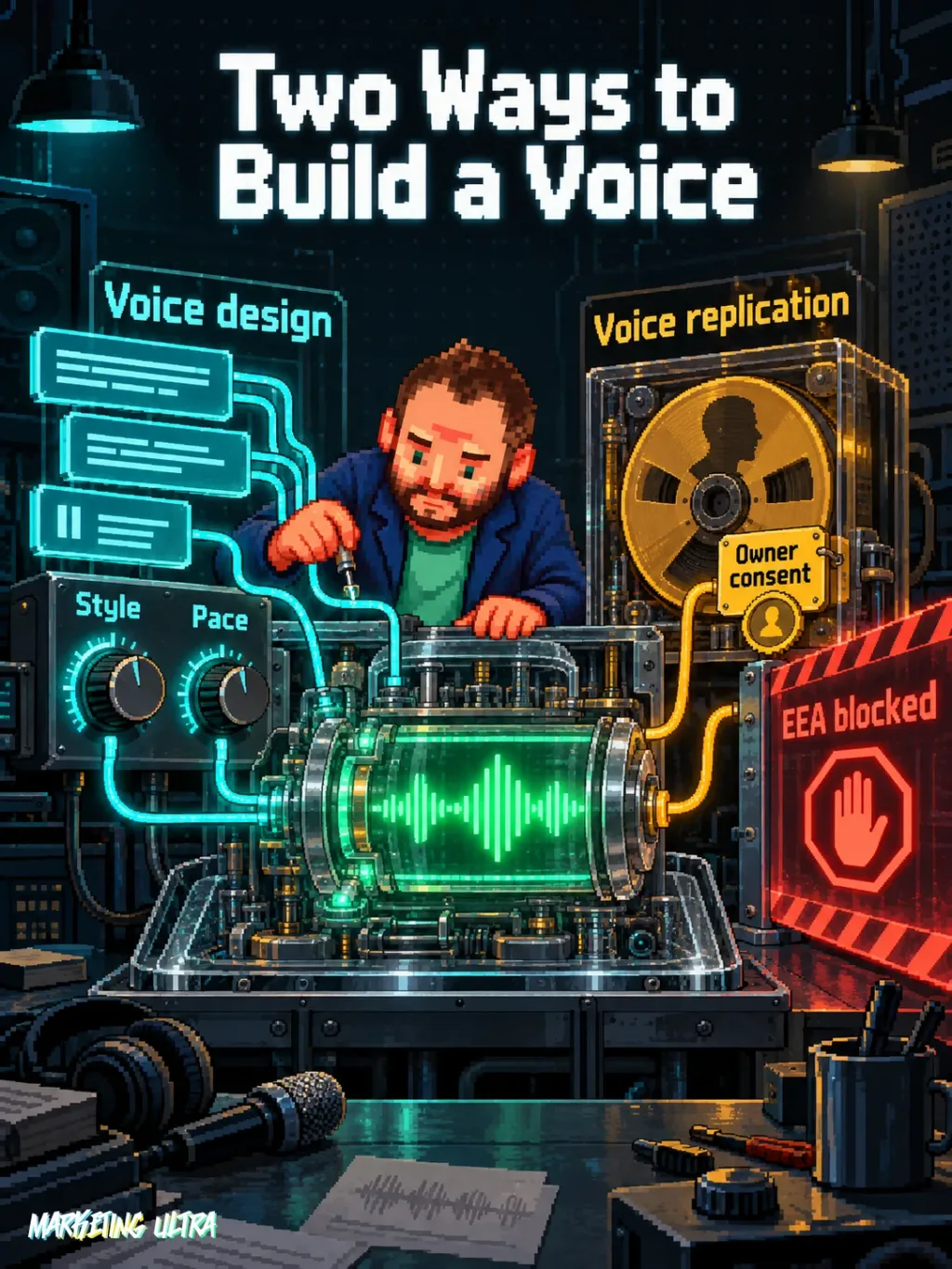 The mascot inspects a machine separating text-designed voices from EEA-blocked voice replication.
