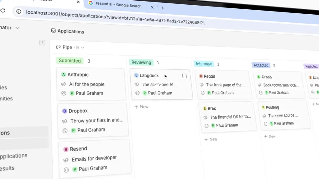 Tablero de solicitudes con las fases de la demo oficial de Twenty