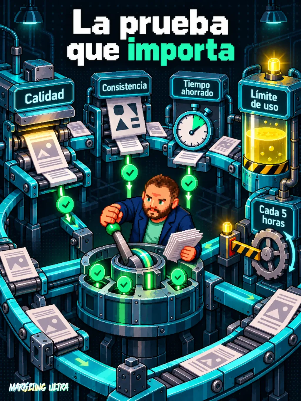 Mascota ajusta una máquina de prueba que mide calidad, consistencia, tiempo y límite de uso antes de pagar.