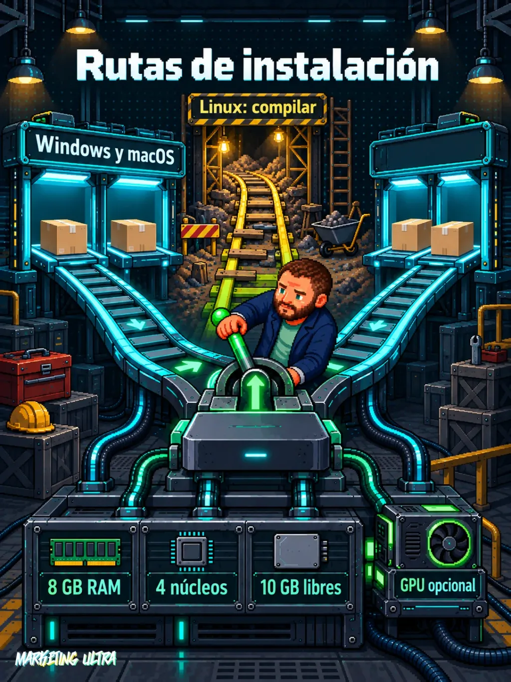 Mascota acciona un desvío entre paquetes para Windows y macOS y una ruta Linux que requiere compilación.