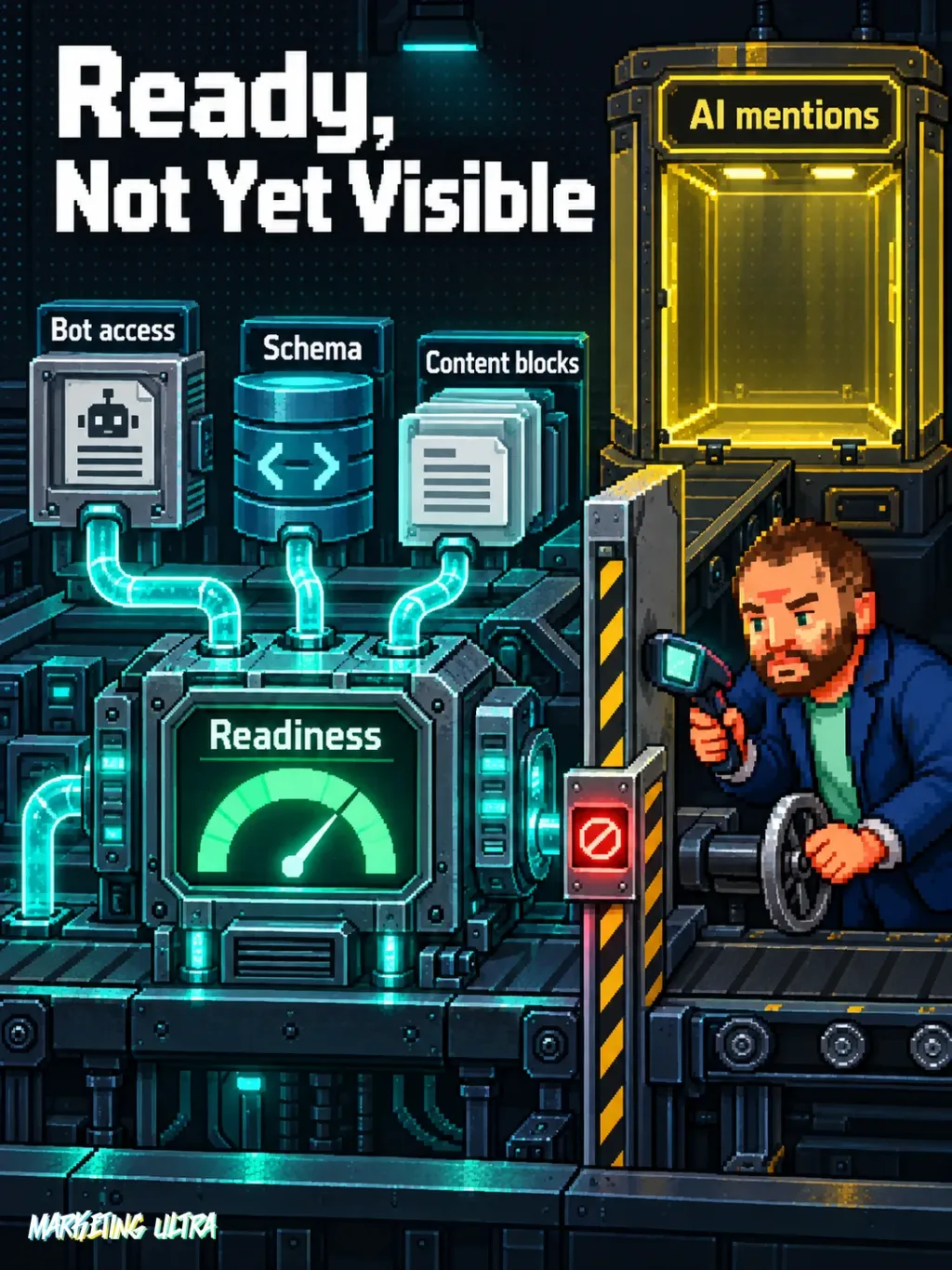 The mascot inspects a GEO machine: access, schema and content create readiness, but not proof of AI mentions.