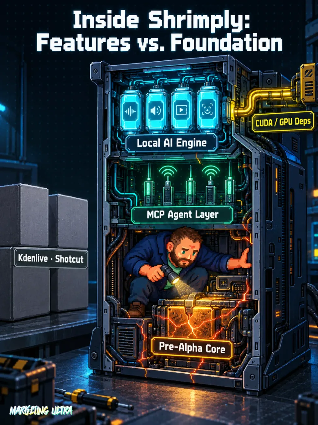 Open editing console cross-section showing Shrimply's layers: local AI modules, MCP rack, cracked pre-alpha core, and proprietary GPU dependencies.
