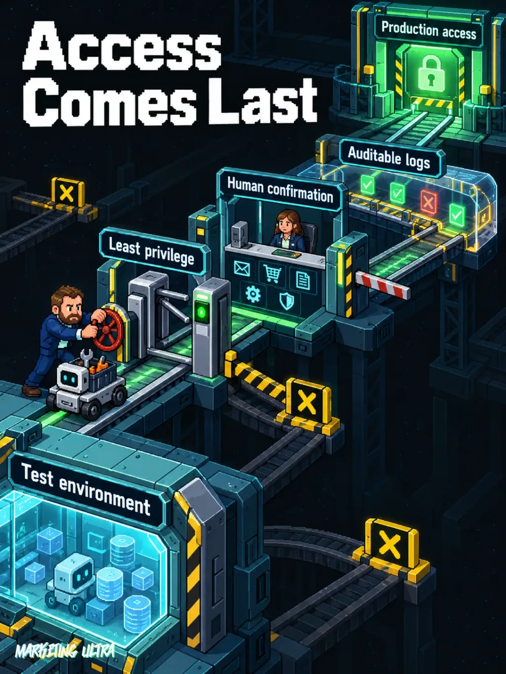 Mascot guides an agent through testing, permission, human-review and logging gates before production.
