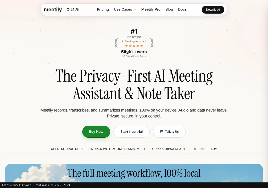 La web oficial de Meetily