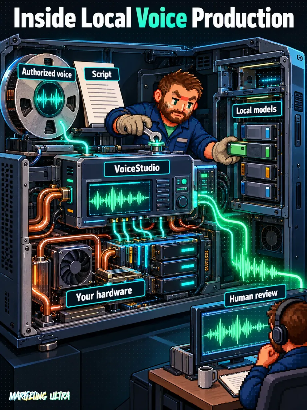 Mascot installs a local model in an opened voice-cloning workstation with recording, hardware, and review.