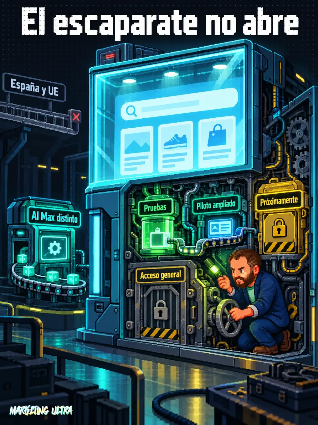 La mascota inspecciona un escaparate de Gemini abierto por fuera, pero con pruebas y accesos generales aún bloqueados.