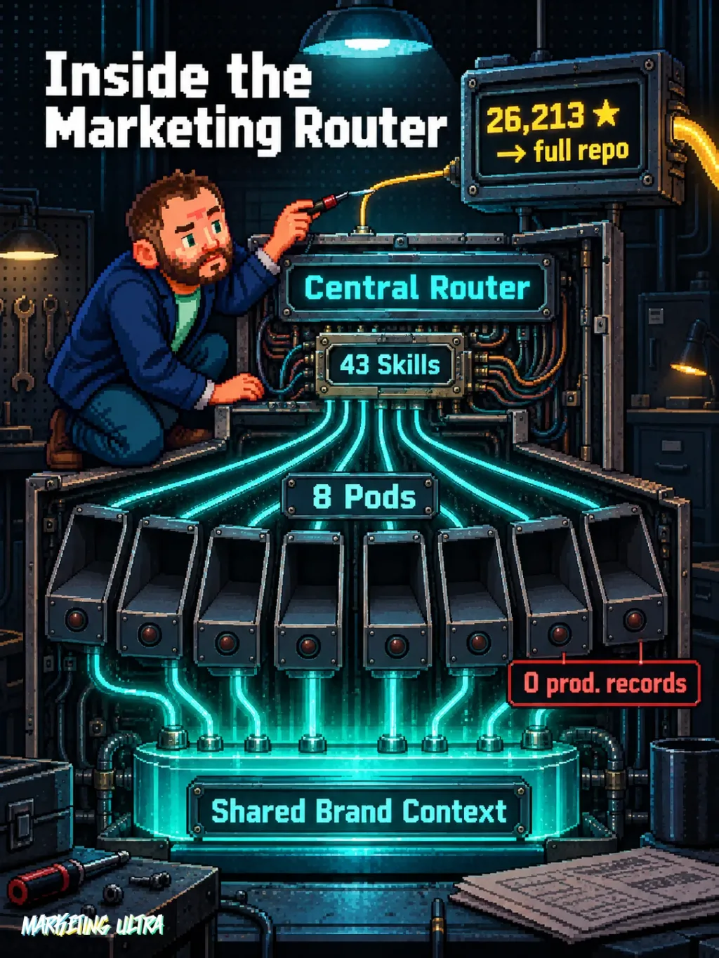 Marketing switchboard opened for inspection: central router, 8 unlit pods, 26,213-star counter wired to the full repo off-frame, and zero production records.