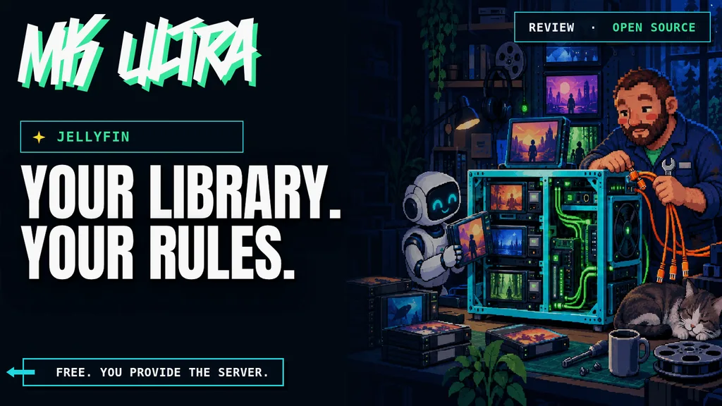Jellyfin review cover: a self-hosted media library in an open workshop