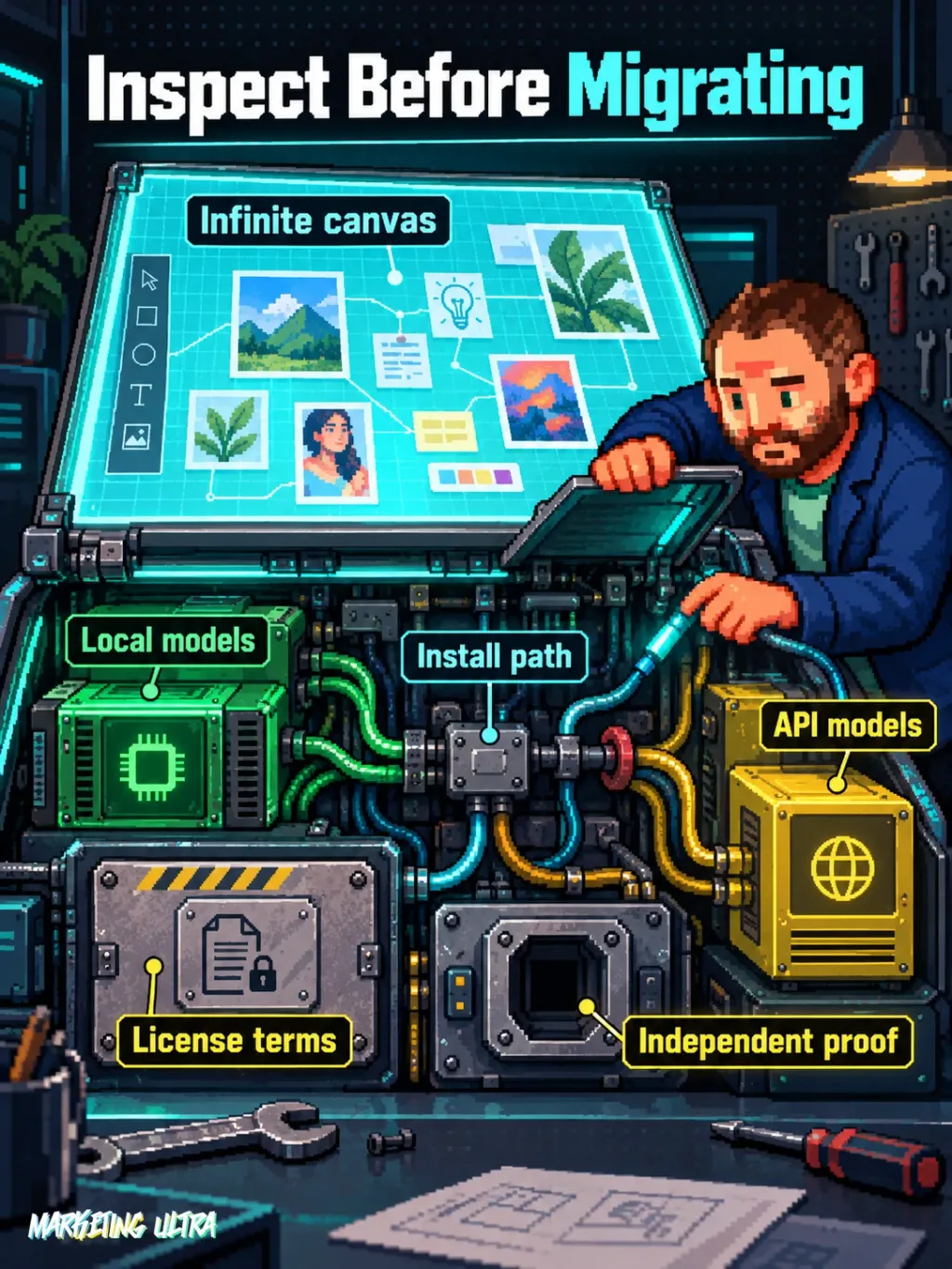 The mascot inspects an opened AI canvas with local and API routes plus license, installation, and evidence checks.