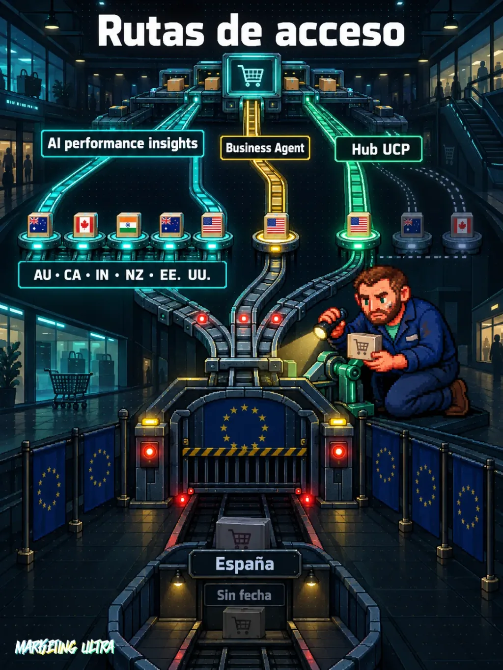 Mapa nocturno con tres rutas de Google que llegan a mercados distintos y se frenan ante una España sin fecha.