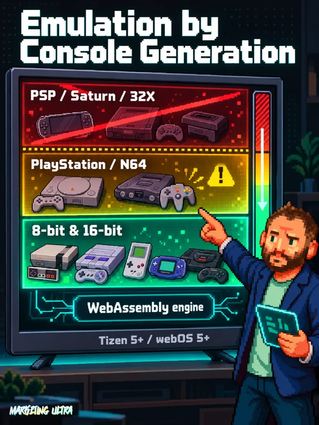 Vertical Moonfin compatibility meter: green zone for 8/16-bit consoles, amber for PlayStation and N64, red crossed-out zone for PSP and Saturn.
