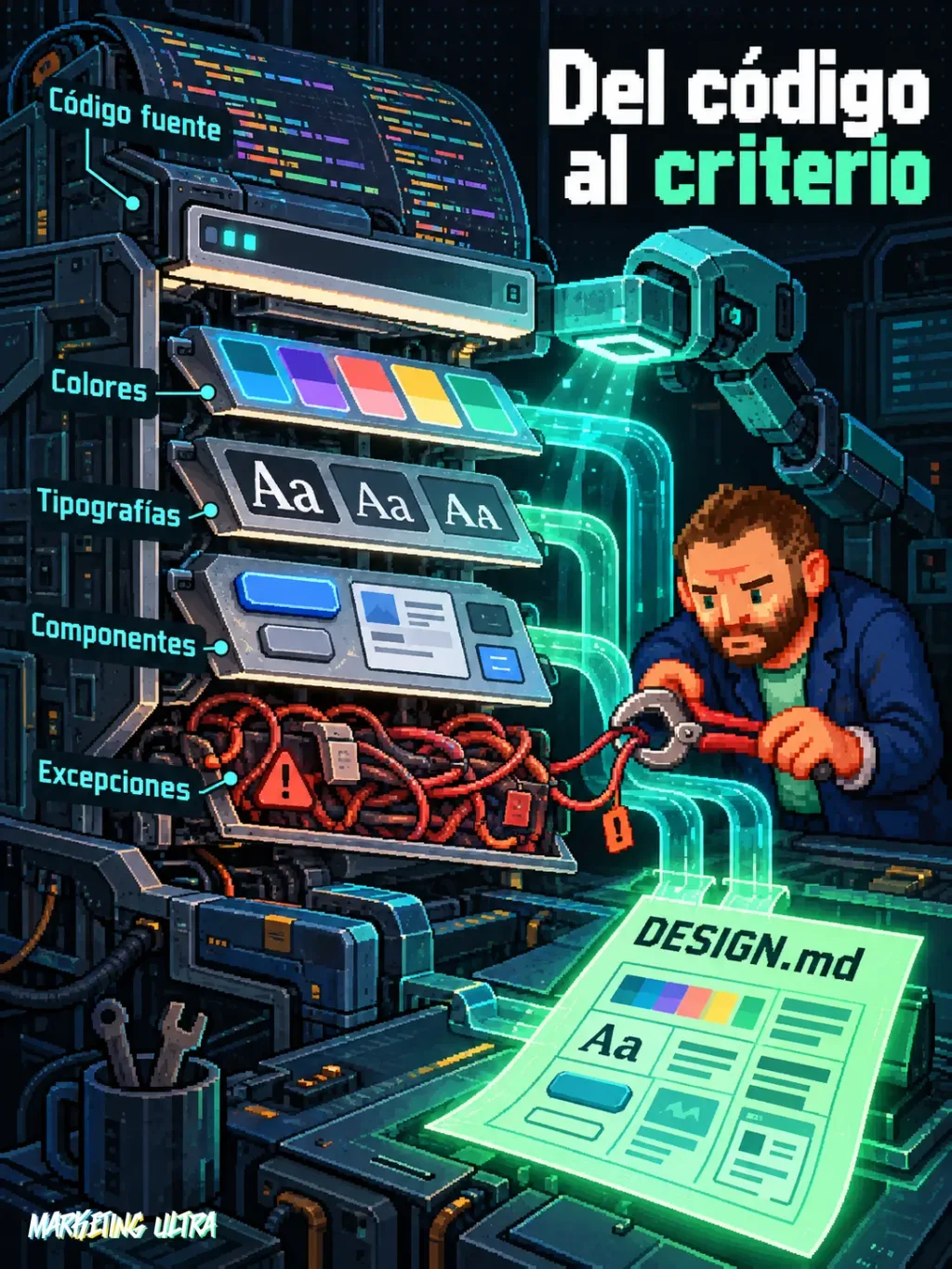 Una máquina abierta separa reglas visuales del código y deja las excepciones para revisión humana antes de crear DESIGN.md.