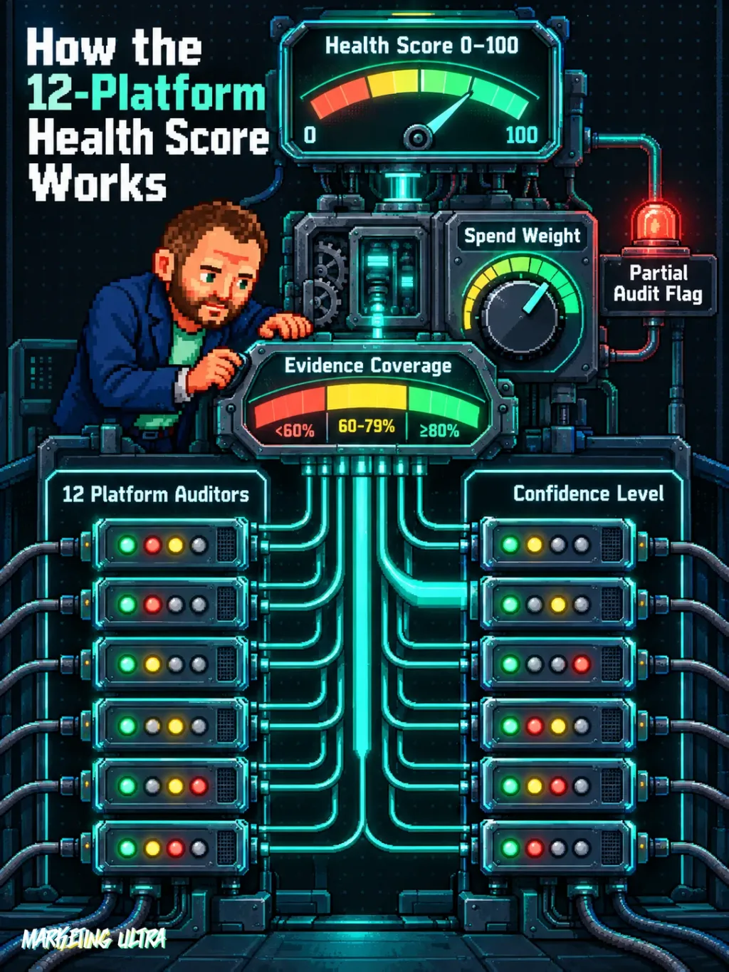 Arcade-machine cross-section showing how 12 platform auditor pods feed through evidence gating and spend weighting into a 0–100 composite health score