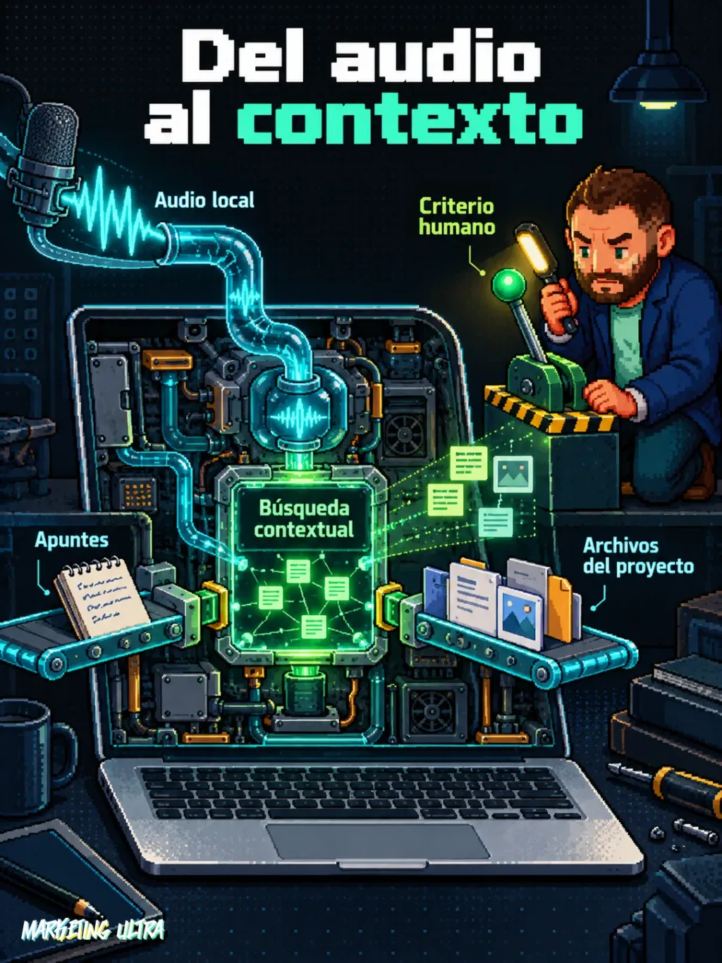 Mac abierto convierte audio, apuntes y archivos en contexto local; la mascota conserva la decisión final.