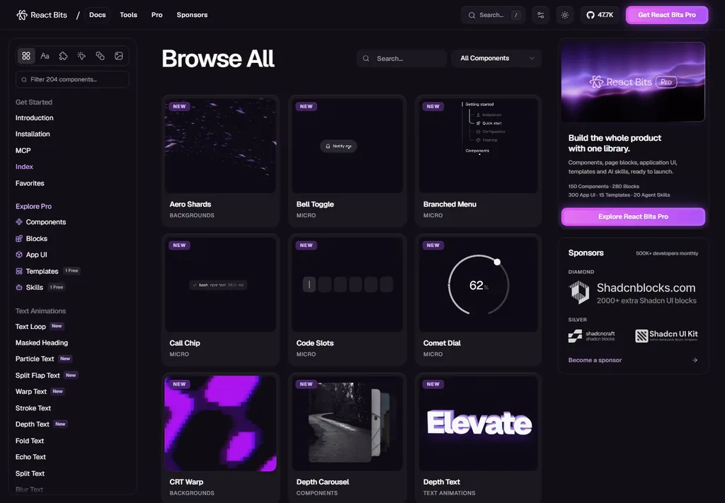 Catálogo oficial de React Bits con fondos, microinteracciones, carruseles y animaciones de texto
