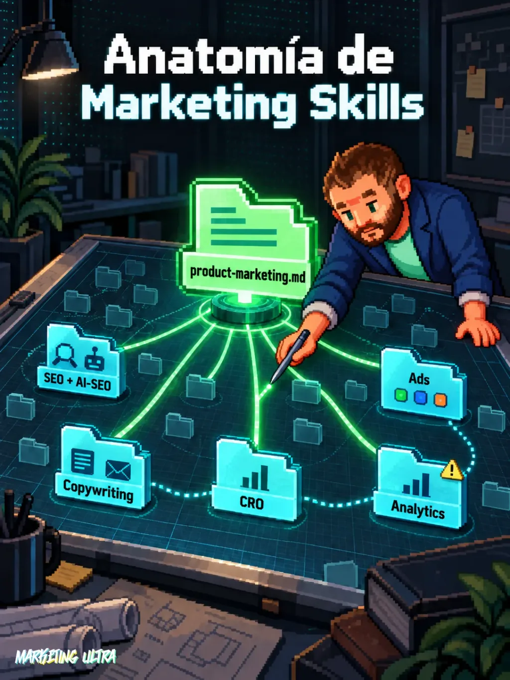 Mesa de dibujo técnica: product-marketing.md en el centro brillando en verde, rodeado de 6 carpetas de skills conectadas por hilos de puntos cian.