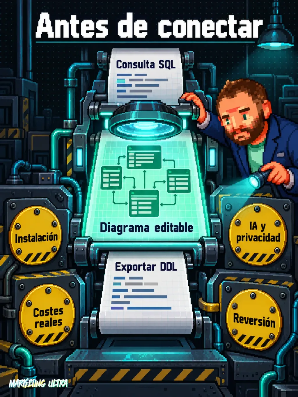 La mascota inspecciona una máquina que convierte esquema SQL en diagrama y DDL, junto a dudas sobre instalación, IA, costes y reversión.