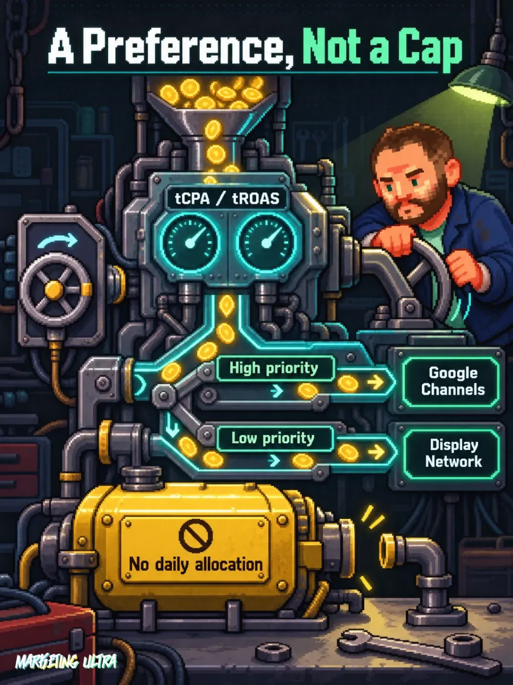 Mascot inspects a machine where high priority runs before low priority, with no daily allocation control.