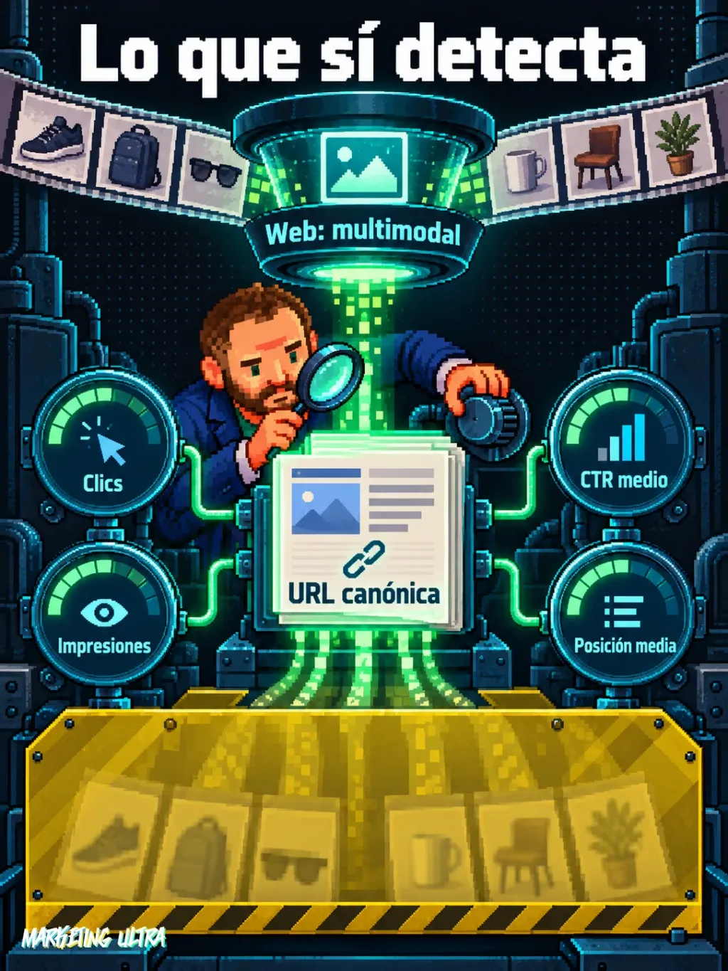 Mascota inspecciona una máquina que agrupa búsquedas visuales por URL y oculta la foto concreta.