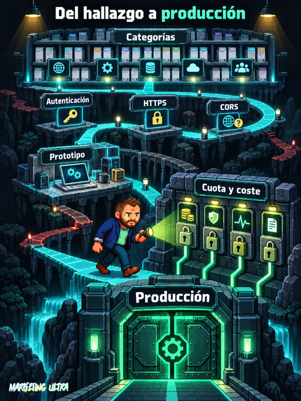 Mascota recorre un mapa desde un directorio de APIs hasta una puerta de producción con controles de auditoría.