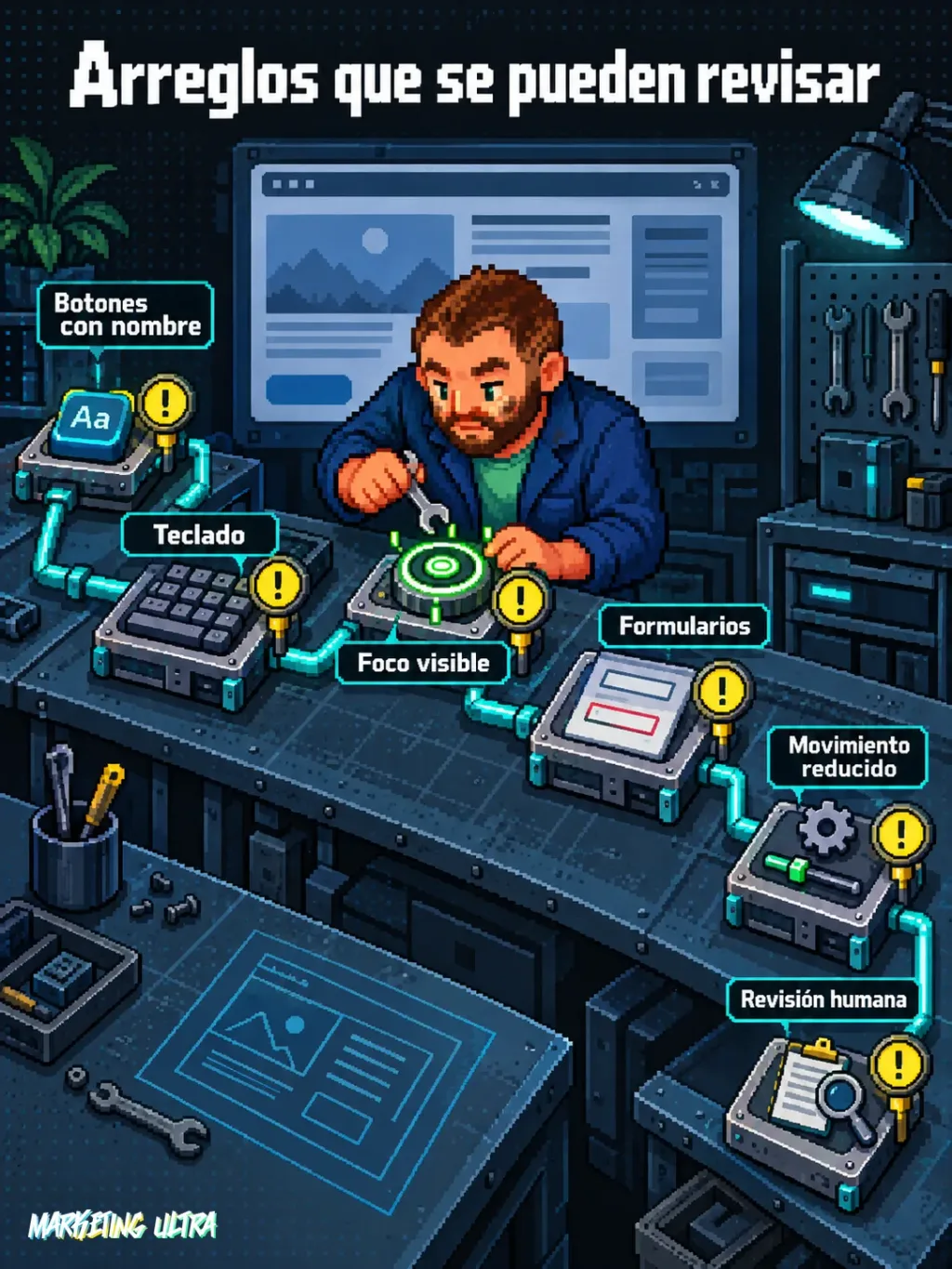 La mascota ajusta una mesa mecánica con seis correcciones de accesibilidad revisables en una landing.