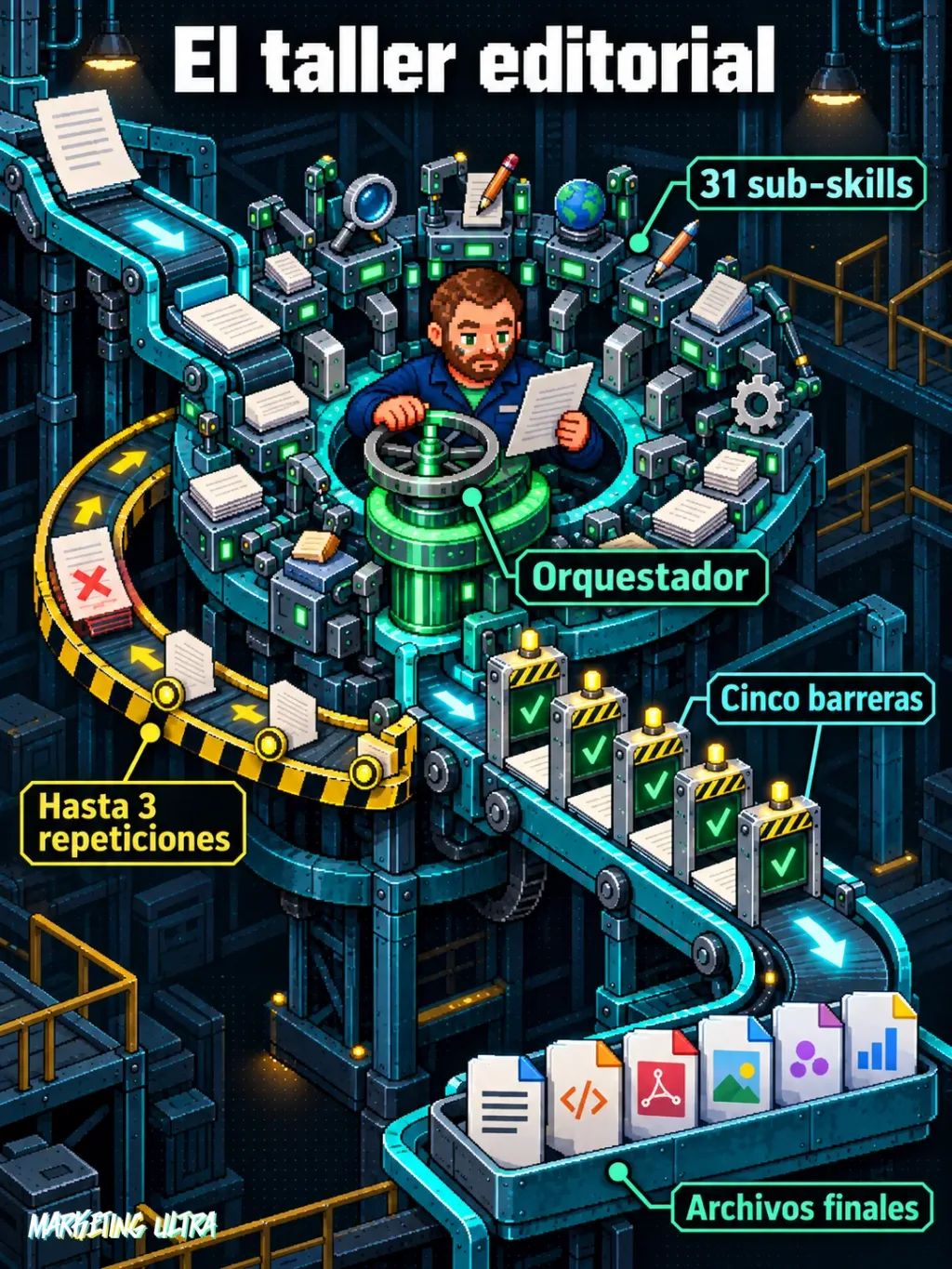 Mascota opera una imprenta abierta que coordina sub-skills, validaciones y archivos editoriales.