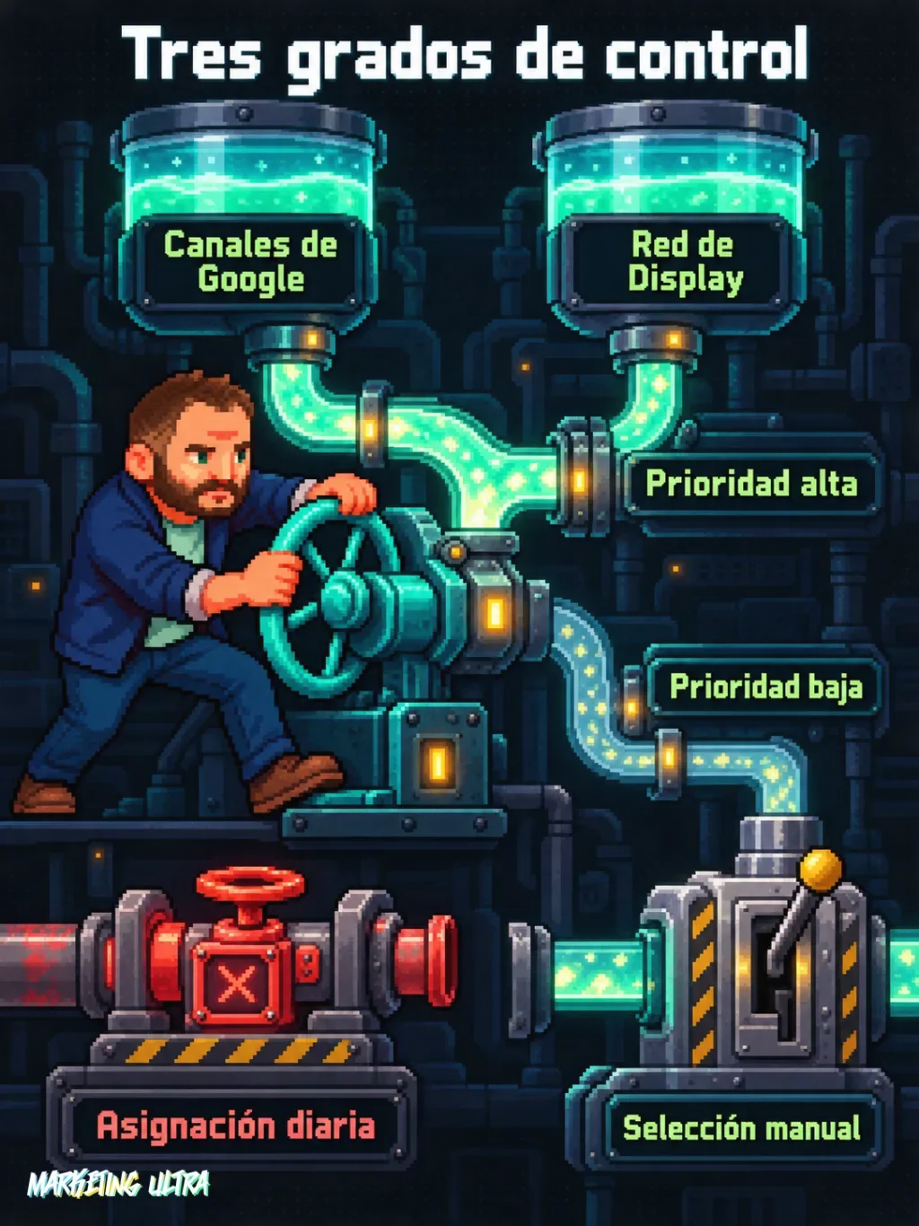 La mascota gira un volante que favorece dos rutas de gasto, junto a una válvula porcentual cerrada y una compuerta manual.